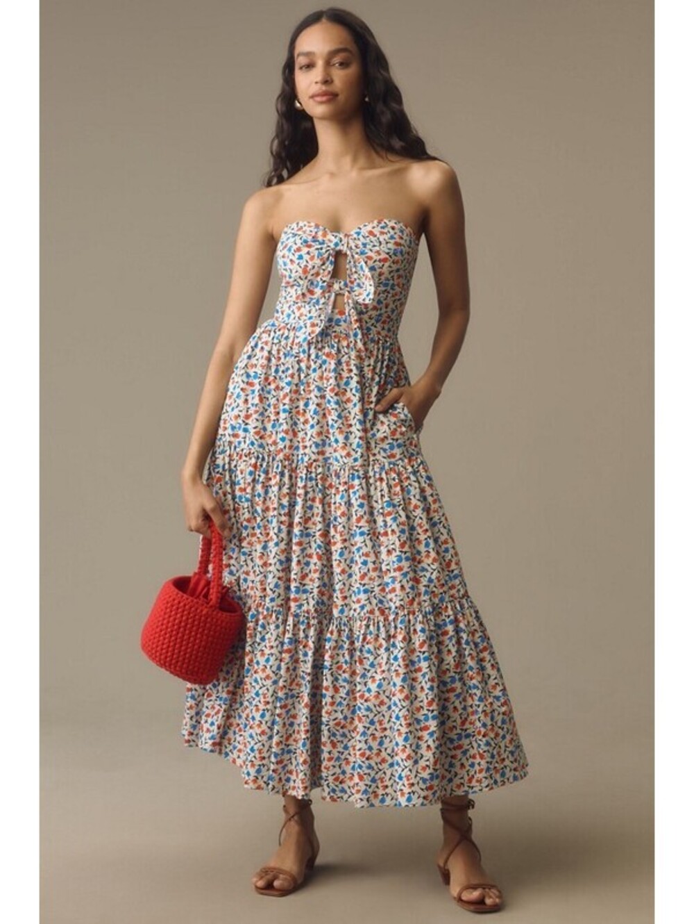 Anthropologie x Atsu - Strapless Floral Midi Dress with Tie Front Detail, Size S